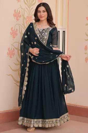 Teal blue color faux georgette ceremonial partywear gown with dupatta