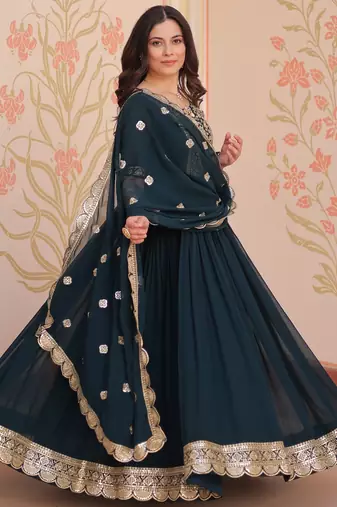 Teal blue color faux georgette ceremonial partywear gown with dupatta