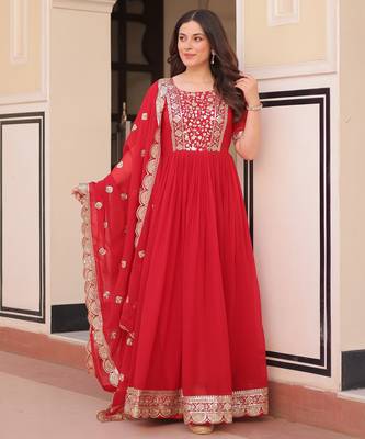 Red color faux georgette ceremonial partywear gown with dupatta 1