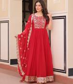 Red color faux georgette fabric ceremonial girlie partywear gown with dupatta