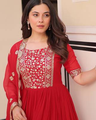 Red color faux georgette ceremonial partywear gown with dupatta 4