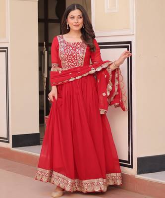 Red color faux georgette ceremonial partywear gown with dupatta 5