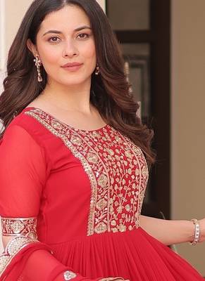 Red color faux georgette ceremonial partywear gown with dupatta 6