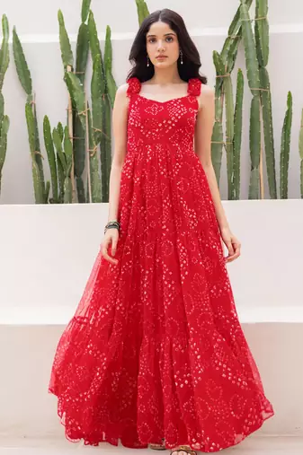 Red color faux georgett beautiful girlie partywear ceremonial gown
