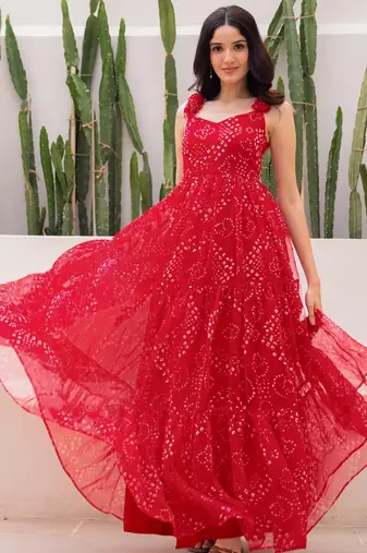 Red color faux georgett beautiful partywear ceremonial gown