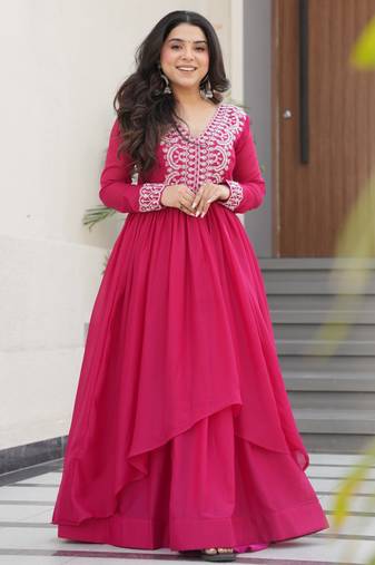 Pink color star georgette fabric designer sequins work partywear gown