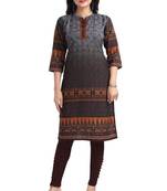 Grey color cotton slub fabric digital printed formal kurta