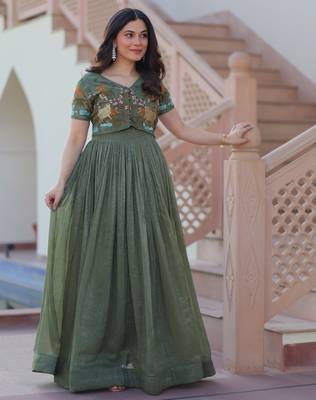 Green color silver crunchy embroidered gown with koti 1