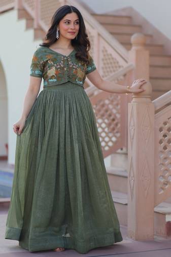 Green color silver crunchy fabric designer embroidered gown with koti