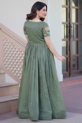 Green color silver crunchy embroidered gown with koti