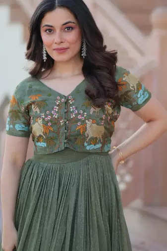 Green color silver crunchy embroidered gown with koti