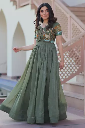 Green color silver crunchy embroidered gown with koti