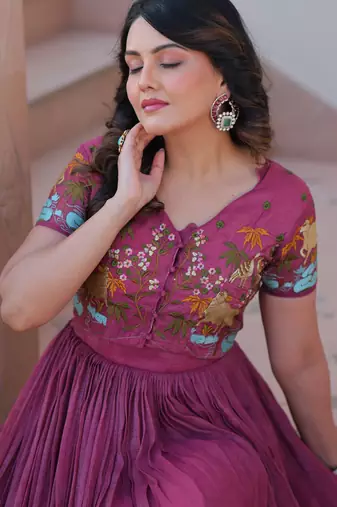 Onion color silver crunchy embroidered gown with koti