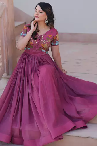 Onion color silver crunchy embroidered gown with koti