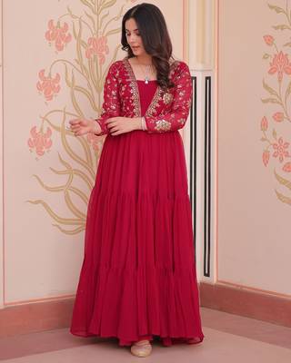 Pink color faux georgette embroidery wedding reception wear gown for girls 1