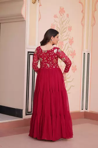 Pink color faux georgette embroidery wedding reception wear gown for girls