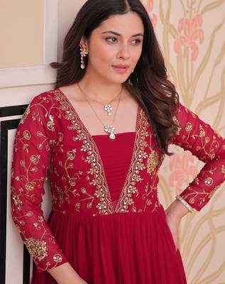Pink color faux georgette embroidery wedding reception wear gown for girls 4