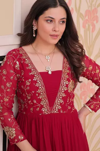 Pink color faux georgette embroidery wedding reception wear gown for girls