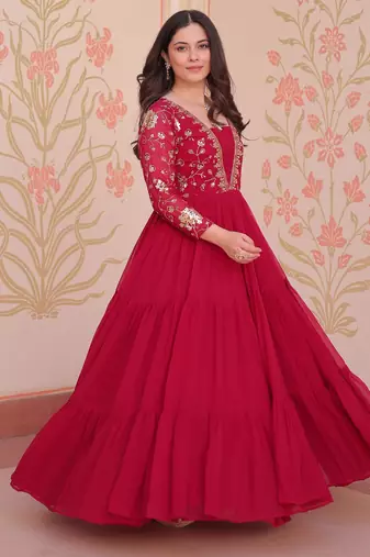 Pink color faux georgette embroidery wedding reception wear gown for girls