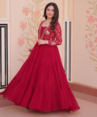Pink color faux georgette embroidery wedding reception wear gown for girls 6