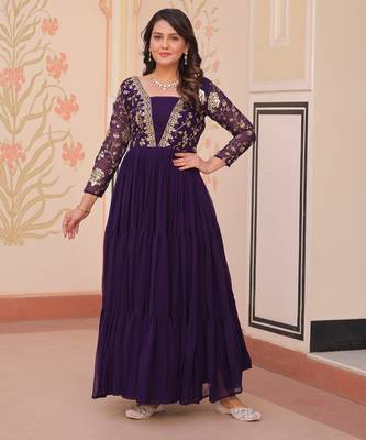 Purple color faux georgette embroidery wedding reception wear gown for girls 1