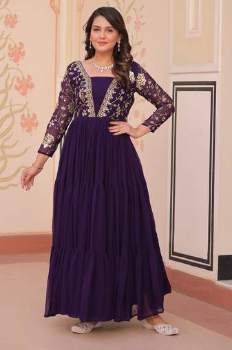 Purple color faux georgette designer embroidery work wedding reception wear gown for girls