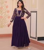 Purple color faux georgette embroidery work wedding reception wear gown for girls