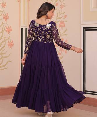 Purple color faux georgette embroidery wedding reception wear gown for girls 3