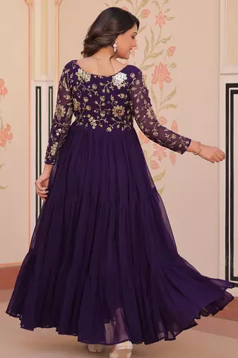 Purple color faux georgette embroidery wedding reception wear gown for girls