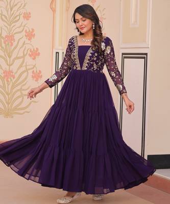 Purple color faux georgette embroidery wedding reception wear gown for girls 5