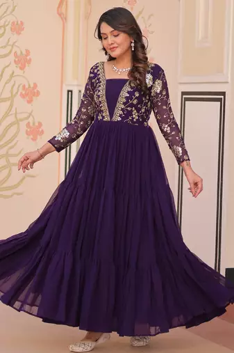 Purple color faux georgette embroidery wedding reception wear gown for girls