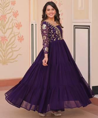 Purple color faux georgette embroidery wedding reception wear gown for girls 6