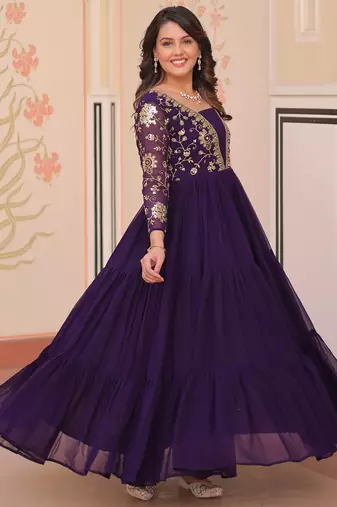 Purple color faux georgette embroidery wedding reception wear gown for girls