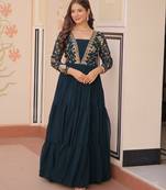 Teal color faux georgette embroidery work wedding reception wear gown for girls