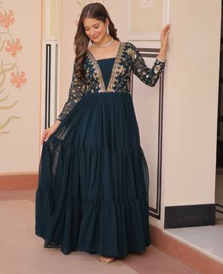Teal color faux georgette embroidery wedding reception wear gown for girls 4