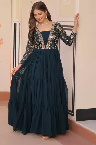 Teal color faux georgette embroidery wedding reception wear gown for girls