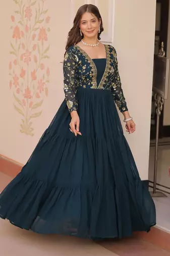 Teal color faux georgette embroidery wedding reception wear gown for girls