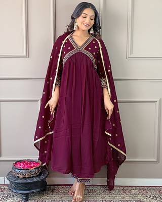Wine color vichitra silk ceremonial wear embroidery kurta set 1