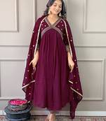 Wine color vichitra silk fabric ceremonial wear embroidery work kurta set