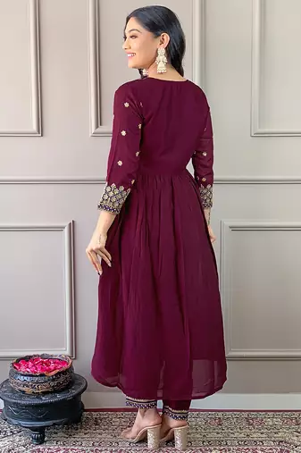 Wine color vichitra silk ceremonial wear embroidery kurta set
