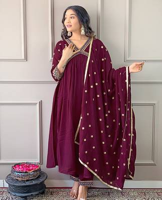 Wine color vichitra silk ceremonial wear embroidery kurta set 3
