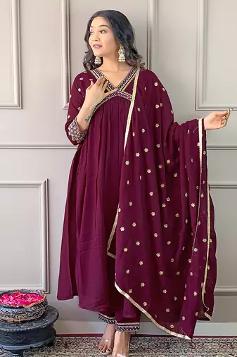 Wine color vichitra silk ceremonial wear embroidery kurta set