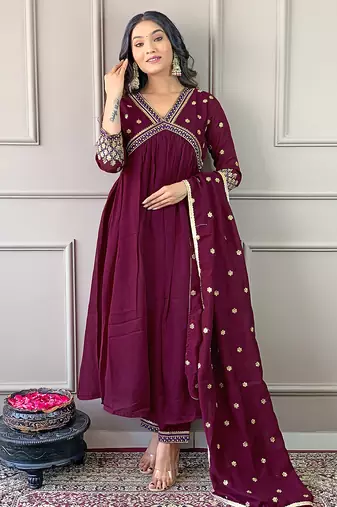 Wine color vichitra silk ceremonial wear embroidery kurta set