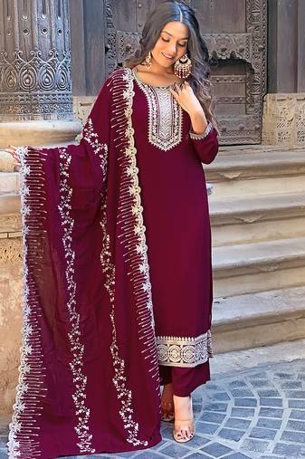 Wine color vichitra silk fabric ceremonial wear embroidery work kurta set