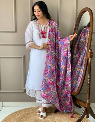 Off white color chanderi ceremonial wear embroidery with printed kurta set 1