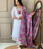 Off white color chanderi fabric ceremonial wear embroidery work with printed kurta set