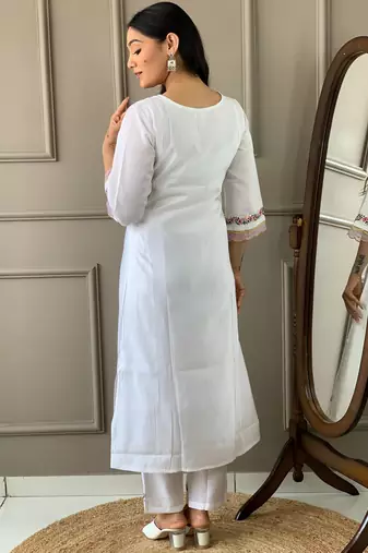 Off white color chanderi ceremonial wear embroidery with printed kurta set