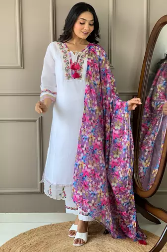Off white color chanderi ceremonial wear embroidery with printed kurta set