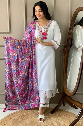 Off white color chanderi ceremonial wear embroidery with printed kurta set