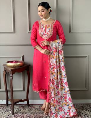 Gajri color bsy viscosee ceremonial wear embroidery with printed kurta set 1